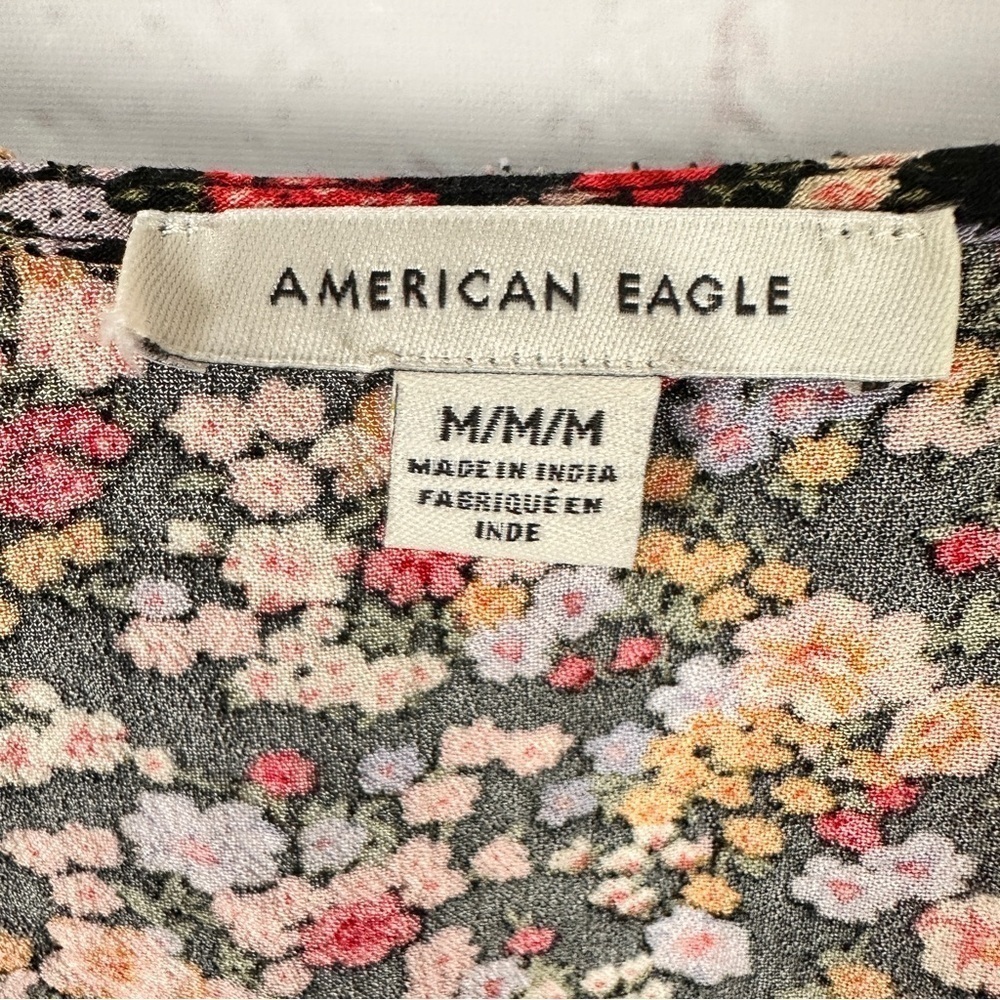 American Eagle ditsy Floral mini dress ruffles size medium black pink yellow - Picture 5 of 10